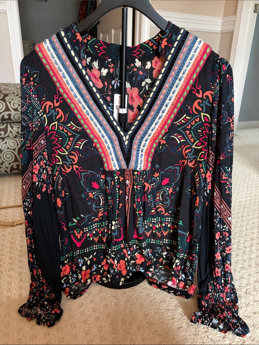 Women's Black Boho V-Neck Floral Print Blouse
